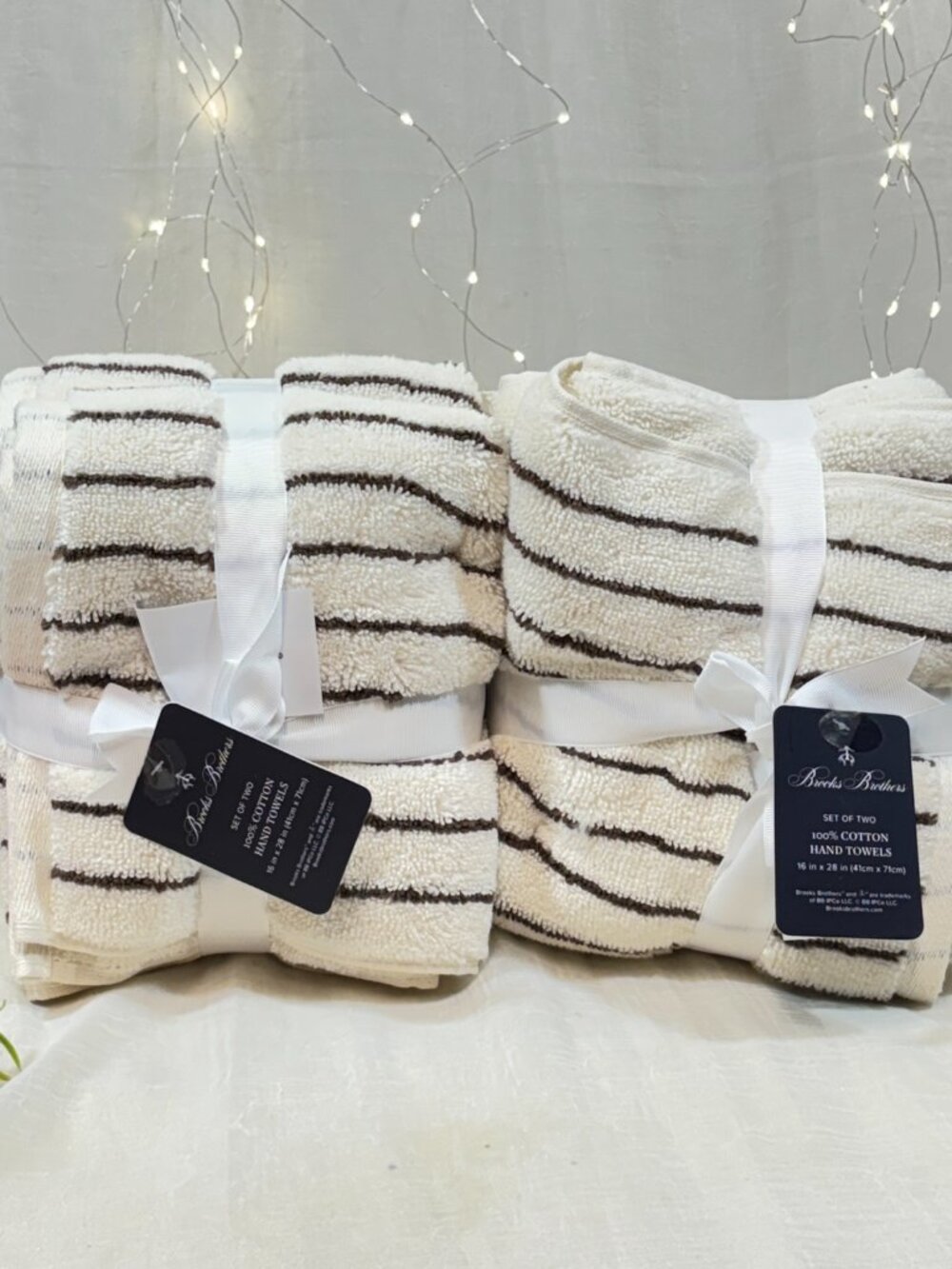 4pc BROOKS BROTHERS Premium Turkish Towel Set Striped Ivory & Dark Brown 700 Gsm
